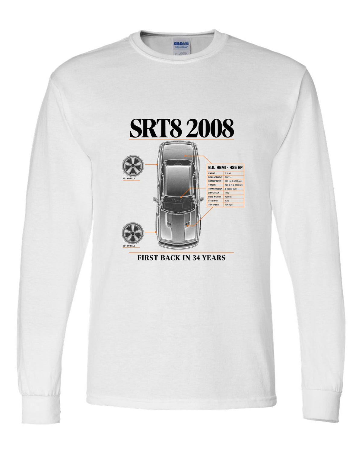 Spec poster print of a 2008 Dodge Challenger SRT8 with 6.1L Hemi and 425 HP text white long sleeve front view with the design