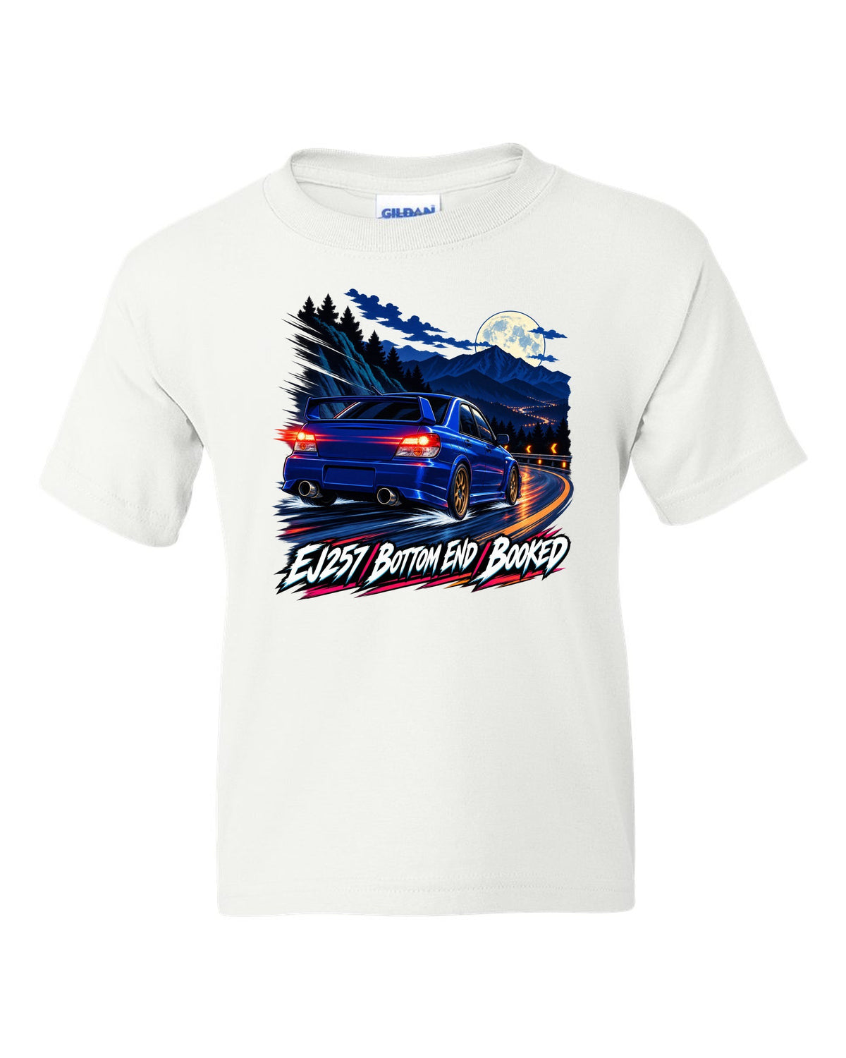 Racing-stripe livery print of a Subaru Impreza WRX GDB Blobeye white kids tee front view with the design