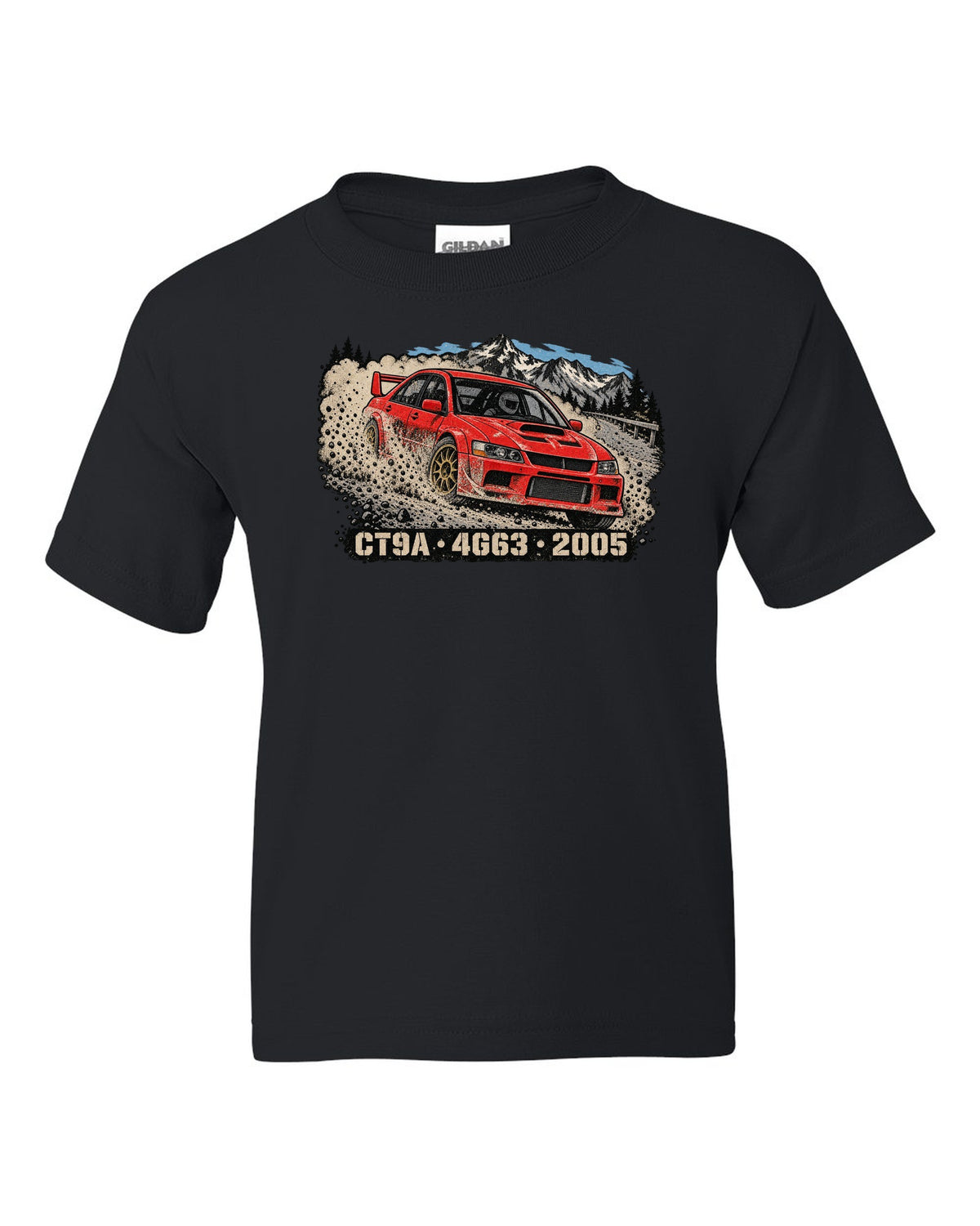 Distressed screenprint print of a Mitsubishi Lancer Evolution IX CT9A on gravel with CT9A 4G63 2005 lettering black kids tee front view with the design