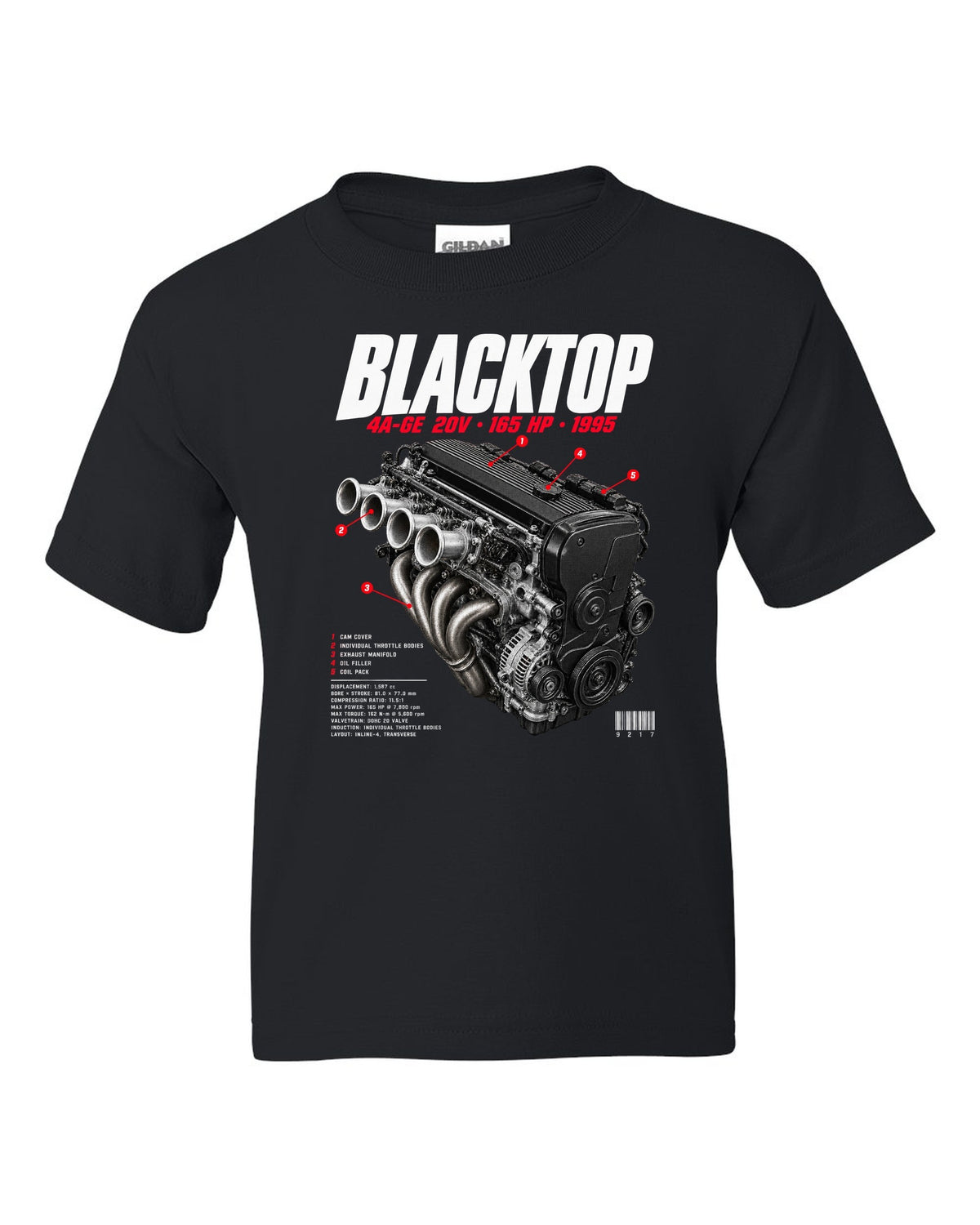 Engine bay hero print of the blacktop 4A-GE 20V in a Toyota Corolla Levin AE111 black kids tee front view with the design