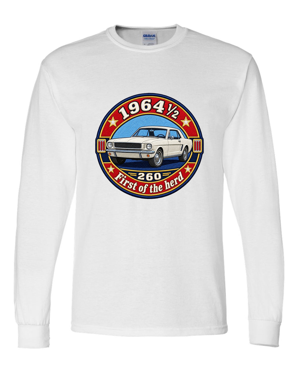 Varsity crest design of a 1964½ Ford Mustang coupe with 260 lettering white long sleeve front view with the design