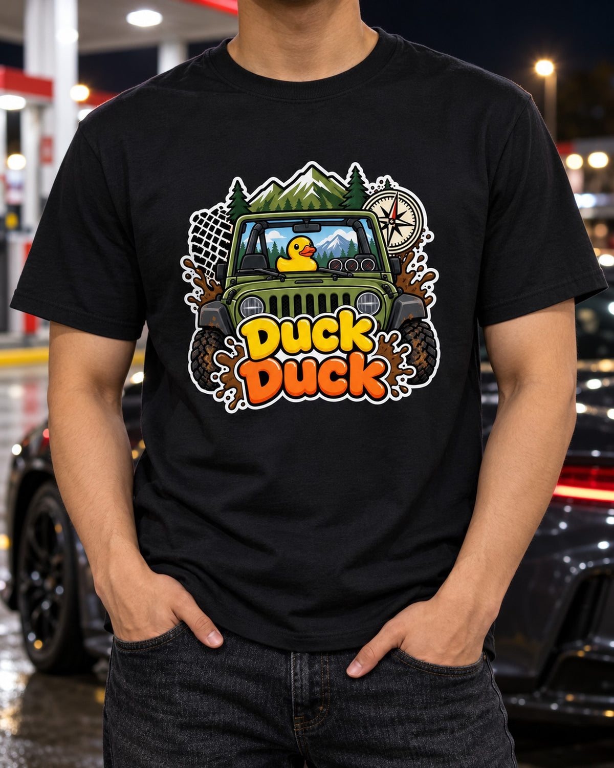 Jeep Wrangler JK Duck Duck Sticker Collage Tee, Jeep Gift T-Shirt Black worn hero