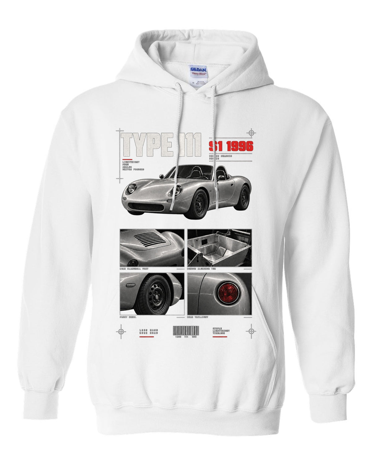 Dossier panel print of a 1996 Lotus Elise S1 Type 111 with bonded aluminium chassis white pull over hoodie front view with the design