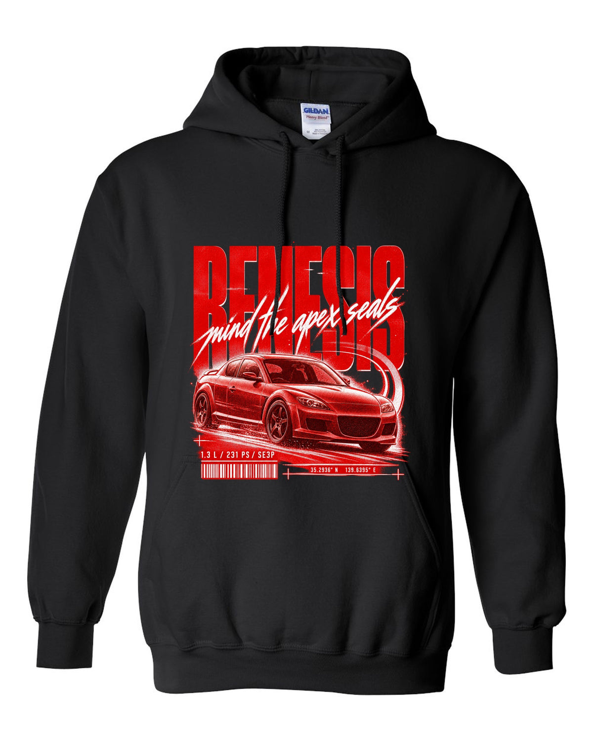 Street poster print of a Mazda RX-8 SE3P Series 1 with Renesis lettering black pull over hoodie front view with the design