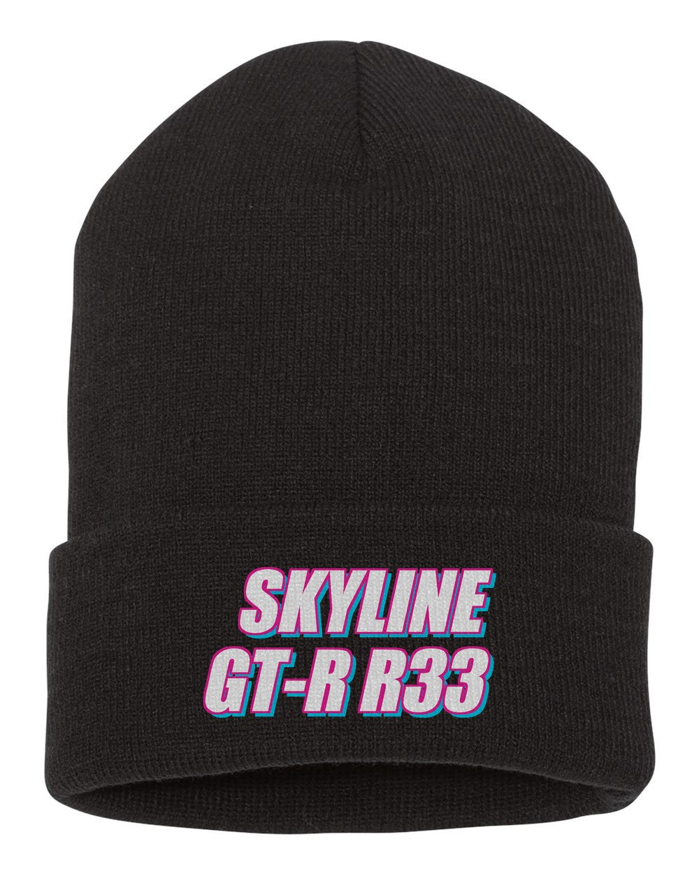 Skyline Gt-R R33 black beanie front view with car name