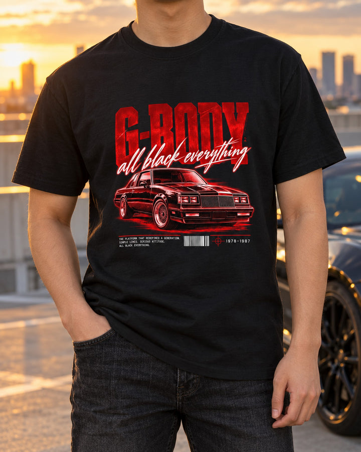 Buick Regal G-Body Coupe Street Poster Shirt, All Black T-Shirt Black worn hero