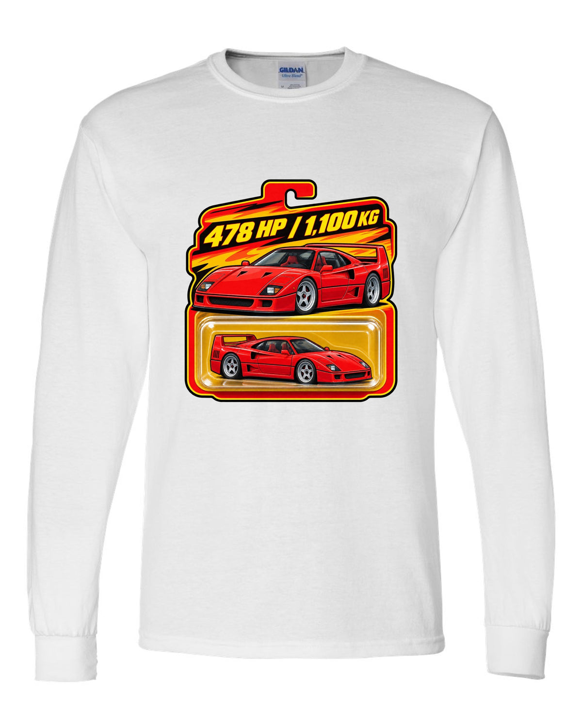 Toy blister-card print of a 1987 Ferrari F40 F120 with 478 HP and 1,100 KG text white long sleeve front view with the design