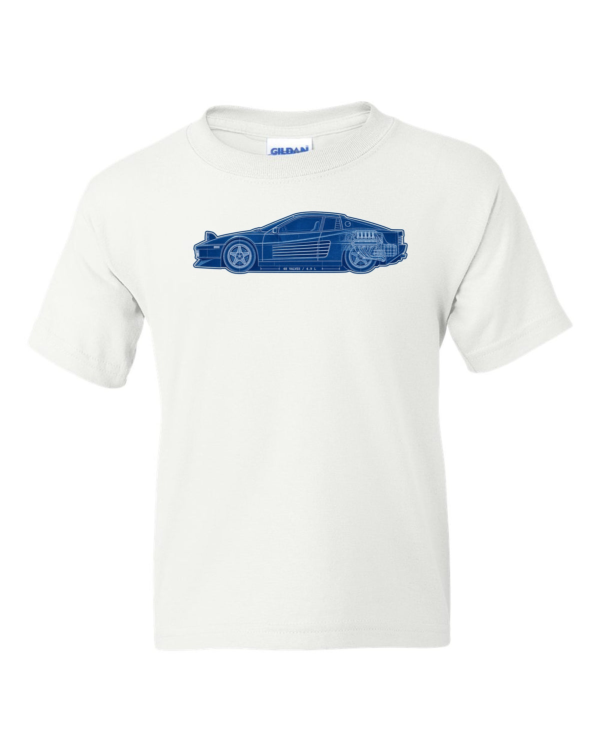 Cyanotype blueprint style print of the Ferrari Testarossa F110 with the text 48 valves, 4.9 L white kids tee front view with the design