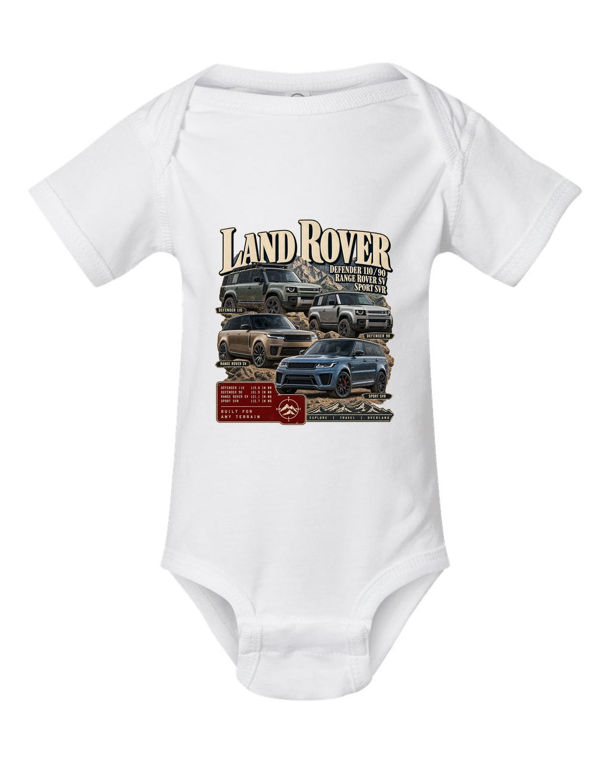 Archive panel print of the Jeep Grand Cherokee Trackhawk WK2 with 0-60 time white baby onesie front view with the design