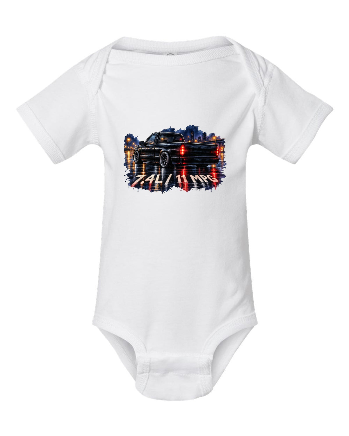 80s airbrush chrome print of a 1990-93 Chevrolet 454 SS pickup with 7.4L and 11 MPG text white baby onesie front view with the design