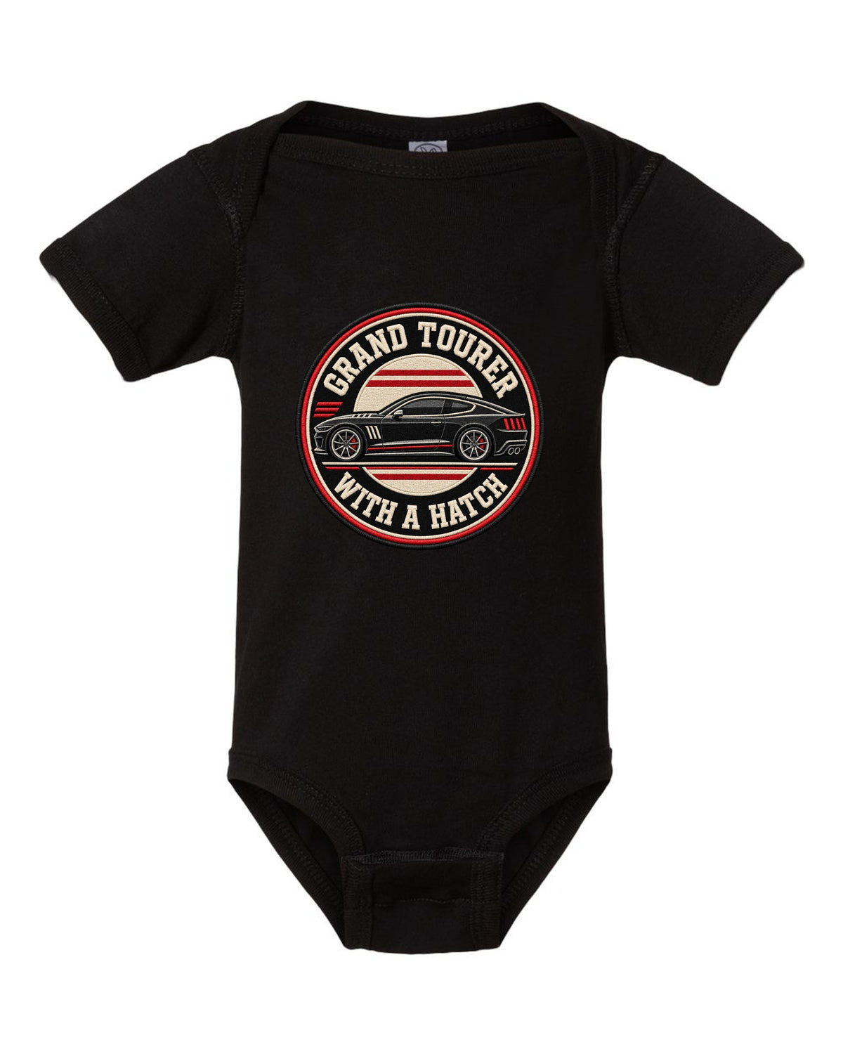 Embroidery varsity crest print for a Kia Stinger GT CK with grand tourer with a ch text black baby onesie front view with the design