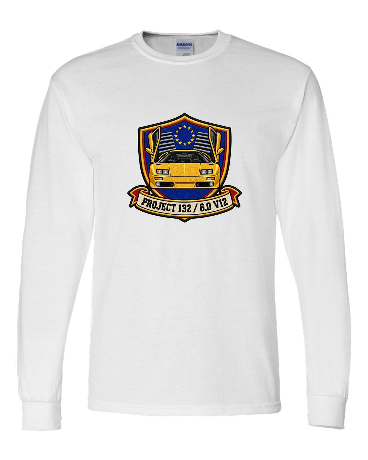 Varsity embroidery crest for a 2000 Lamborghini Diablo VT 6.0 reading Project 132 and 6.0 V12 white long sleeve front view with the design