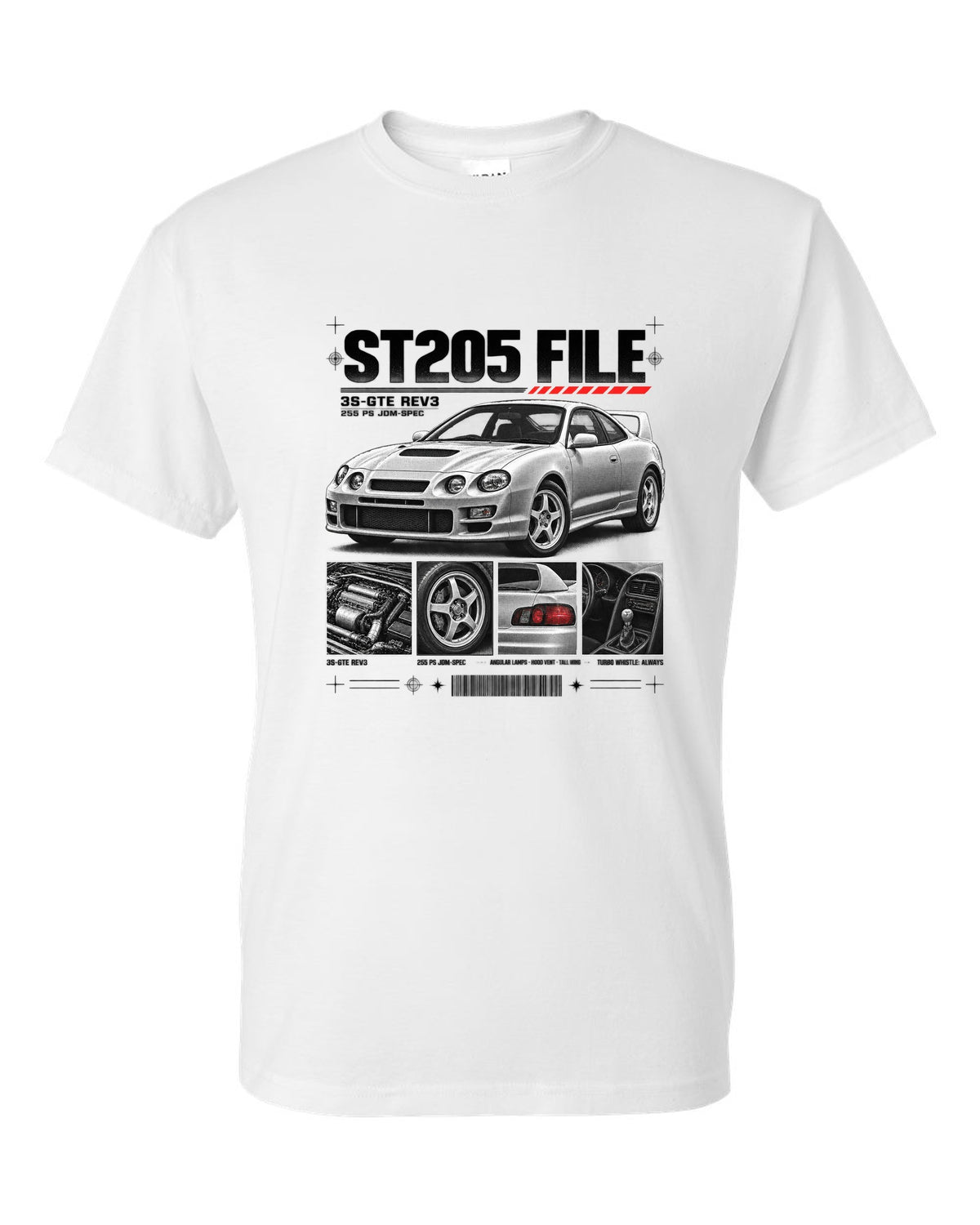 Dossier panel print of a Toyota Celica GT-Four ST205 with 3S-GTE Rev3 and 255 PS text white t-shirt front view with the design