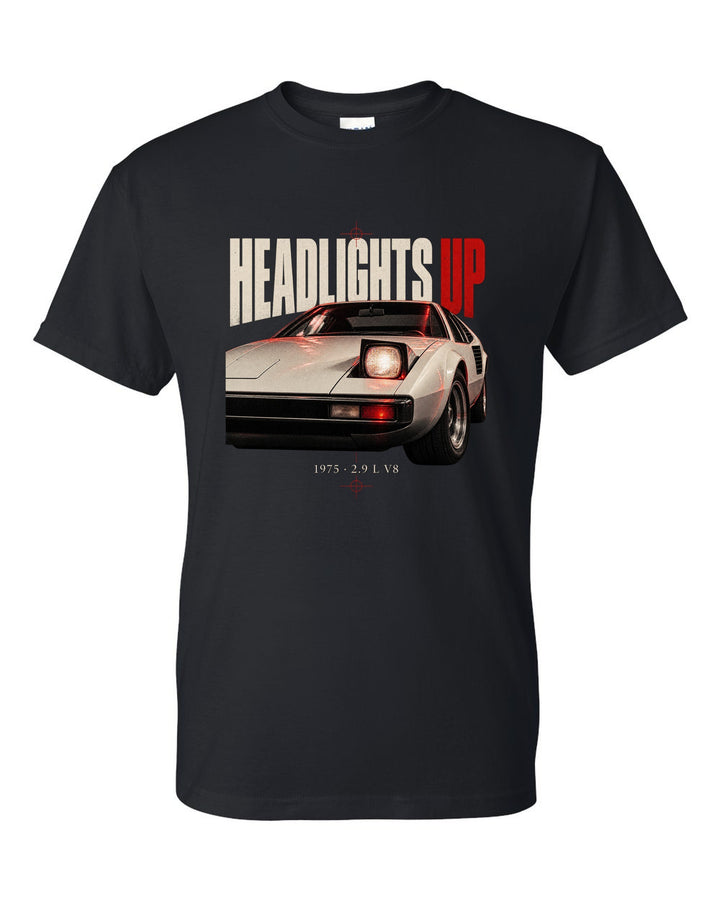 Ferrari 308 GTB 1975 front detail print with headlights up, 2.9 L V8 black t-shirt front view with the design