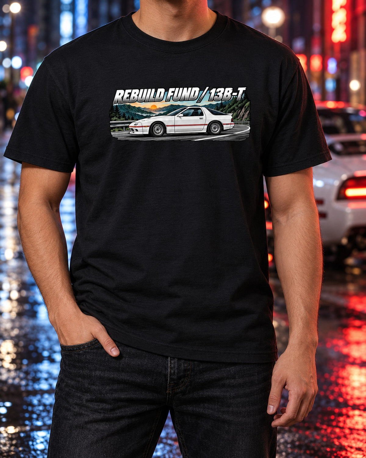 Mazda RX-7 FC3S Retro Manga Ink Shirt, 13B-T Rebuild Fund T-Shirt Black worn hero