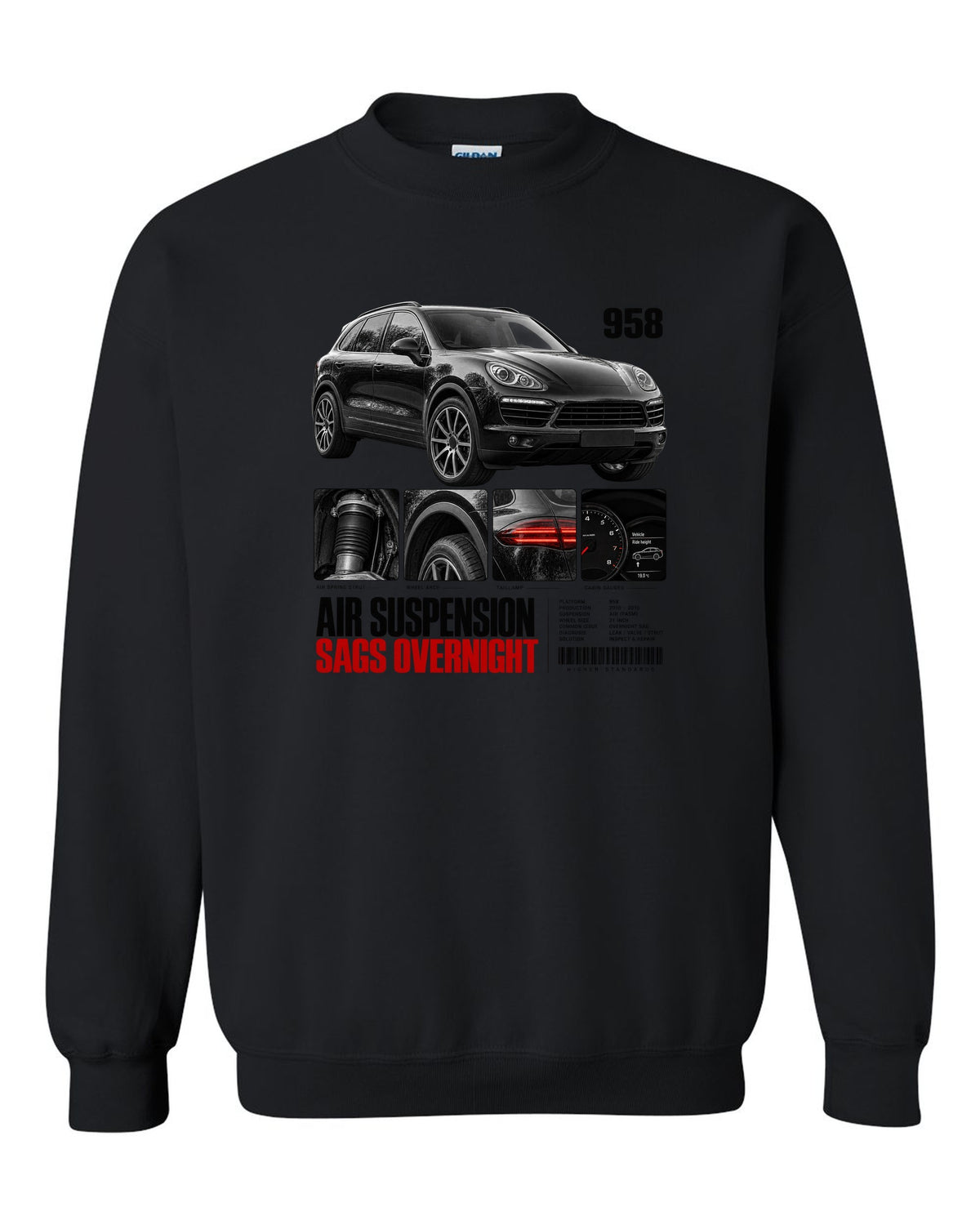 Dossier panel print of a Porsche Cayenne 958 with air suspension sags overnight caption black crewneck front view with the design