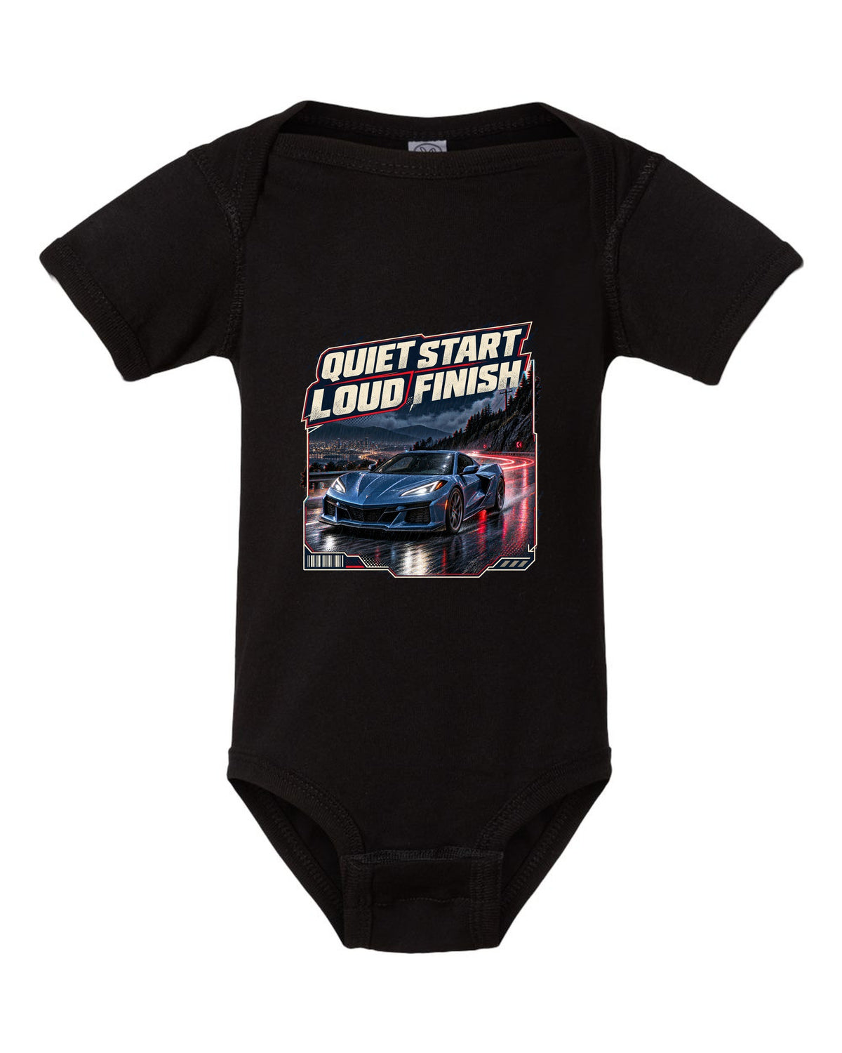 print of a Chevrolet Corvette C8 E-Ray on a wet night street with quiet start, loud finish text black baby onesie front view with the design