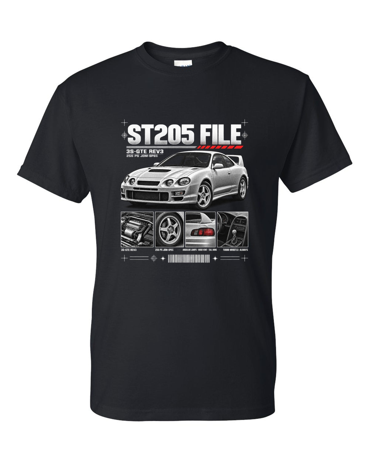 Dossier panel print of a Toyota Celica GT-Four ST205 with 3S-GTE Rev3 and 255 PS text black t-shirt front view with the design