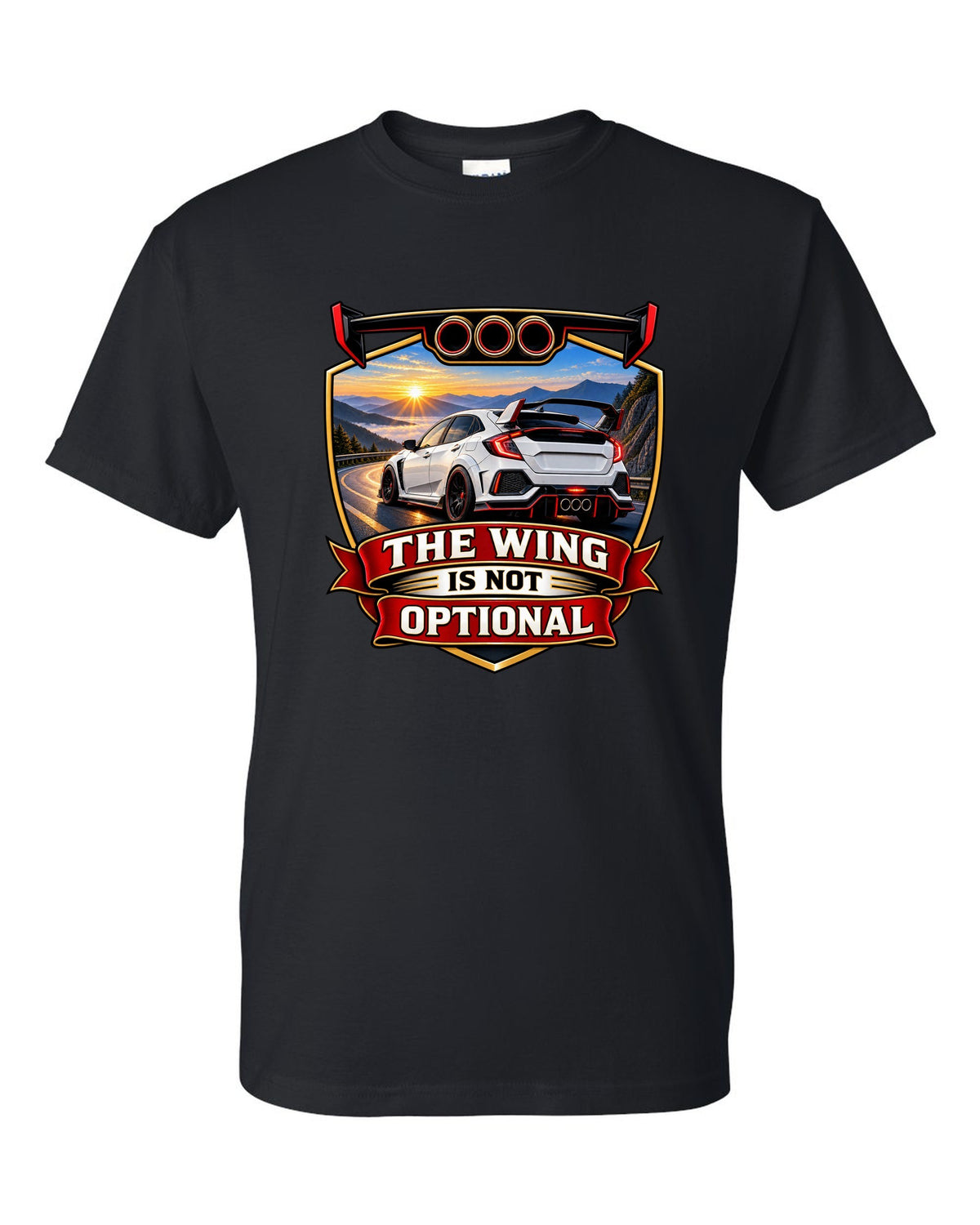Racing shield print of a Honda Civic Type R FK8 ch with the wing is not optional text black t-shirt front view with the design