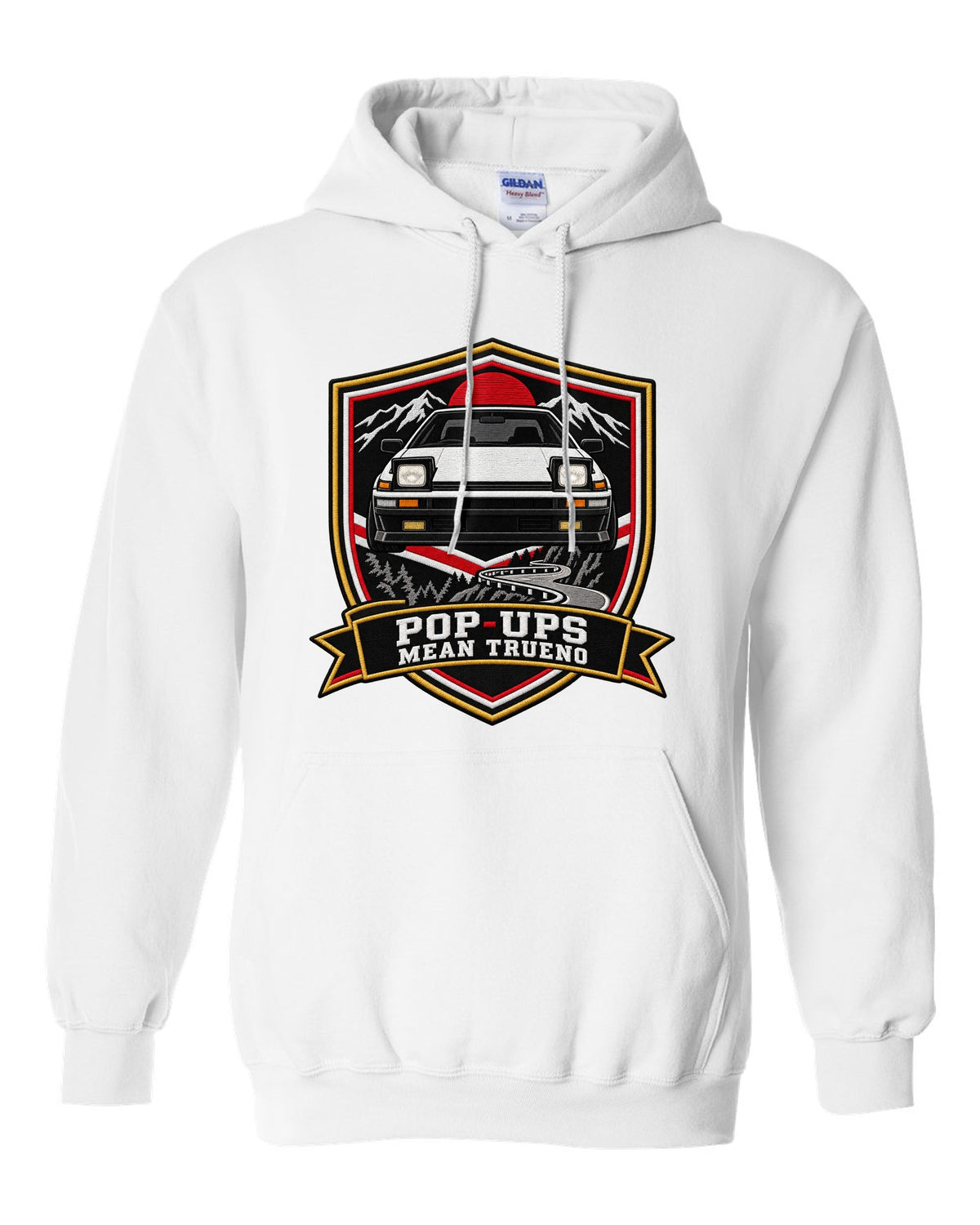 Embroidery varsity crest print of a Toyota Sprinter Trueno AE86 with Pop-Ups lettering white pull over hoodie front view with the design