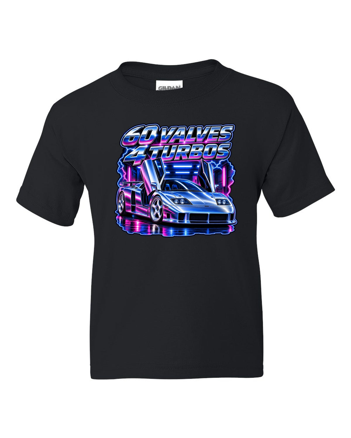 90s airbrush chrome print of a Bugatti EB110 SS with 60 valves and 4 turbos lettering black kids tee front view with the design