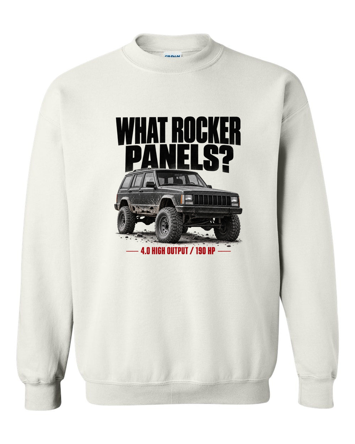 Jeep Cherokee XJ halftone print with 4.0 High Output 190 HP text white crewneck front view with the design