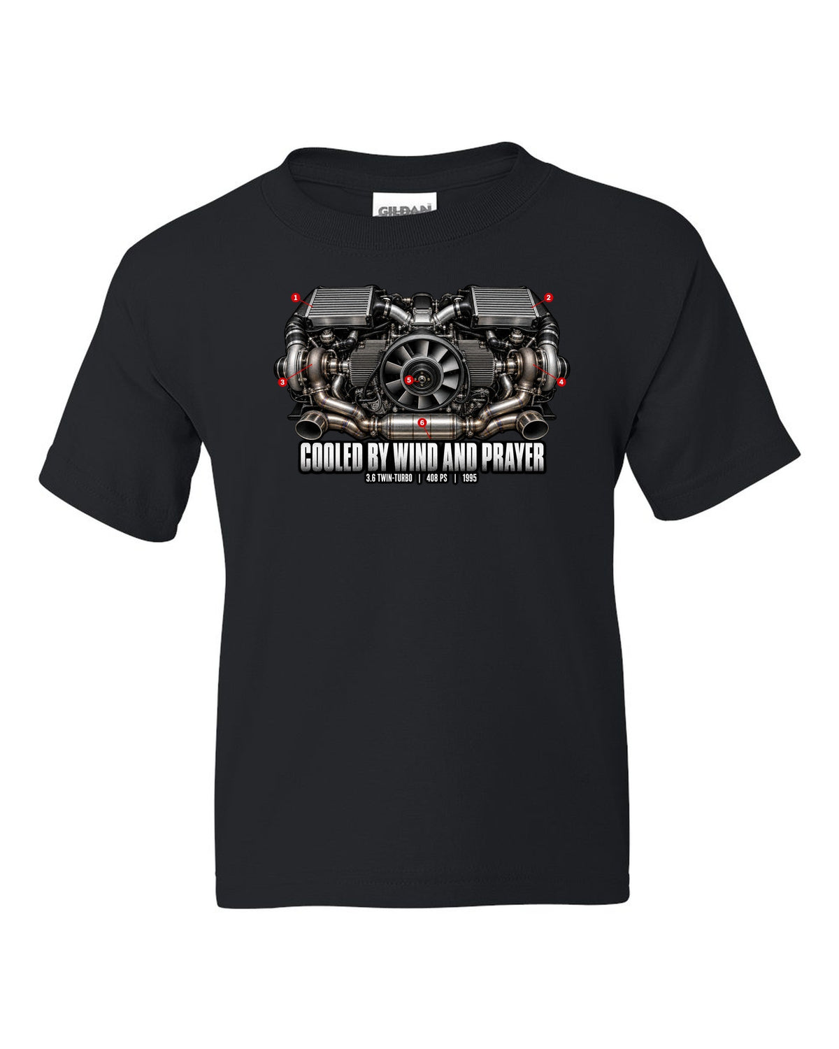 Engine hero print of the Porsche 911 Turbo (993) air-cooled twin-turbo flat-six with the line Cooled By Wind And Prayer black kids tee front view with the design