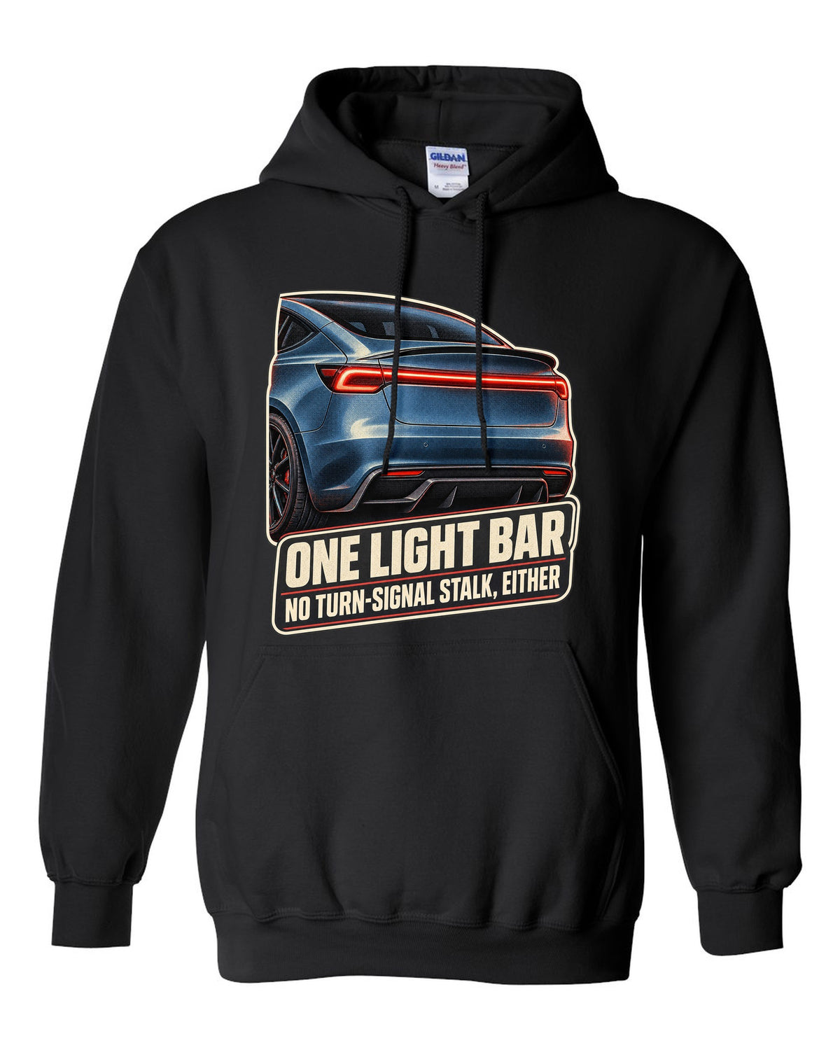 Rear taillight macro print of a Tesla Model 3 Performance Highland with a light bar black pull over hoodie front view with the design