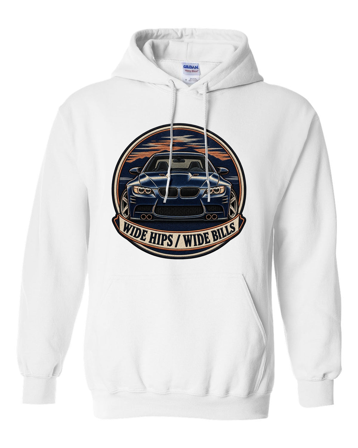 Varsity crest style print of a BMW E92 M3 coupe with wide hips wide bills text white pull over hoodie front view with the design