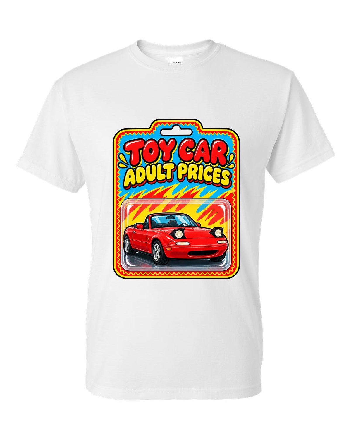 Toy car blister card style illustration of a Mazda MX-5 NA with adult prices text white t-shirt front view with the design