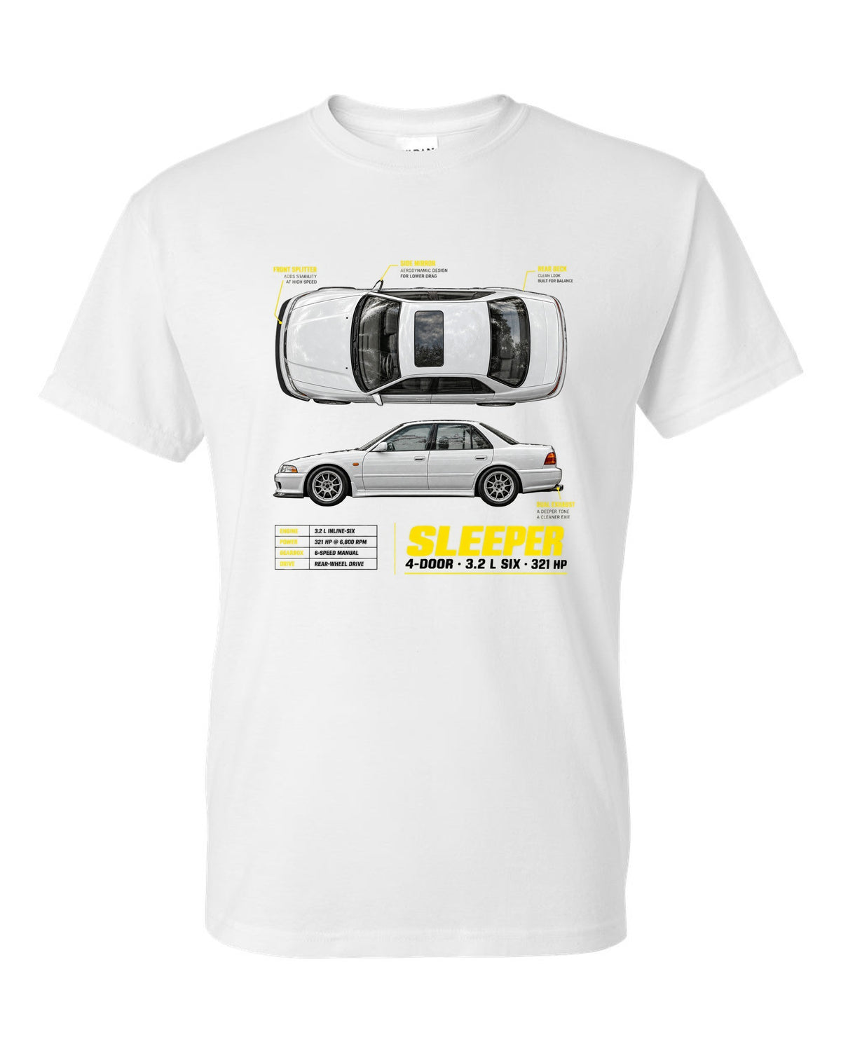 BMW E36 M3 sedan spec poster print with sleeper 4-door 3.2 L six and 321 HP text white t-shirt front view with the design
