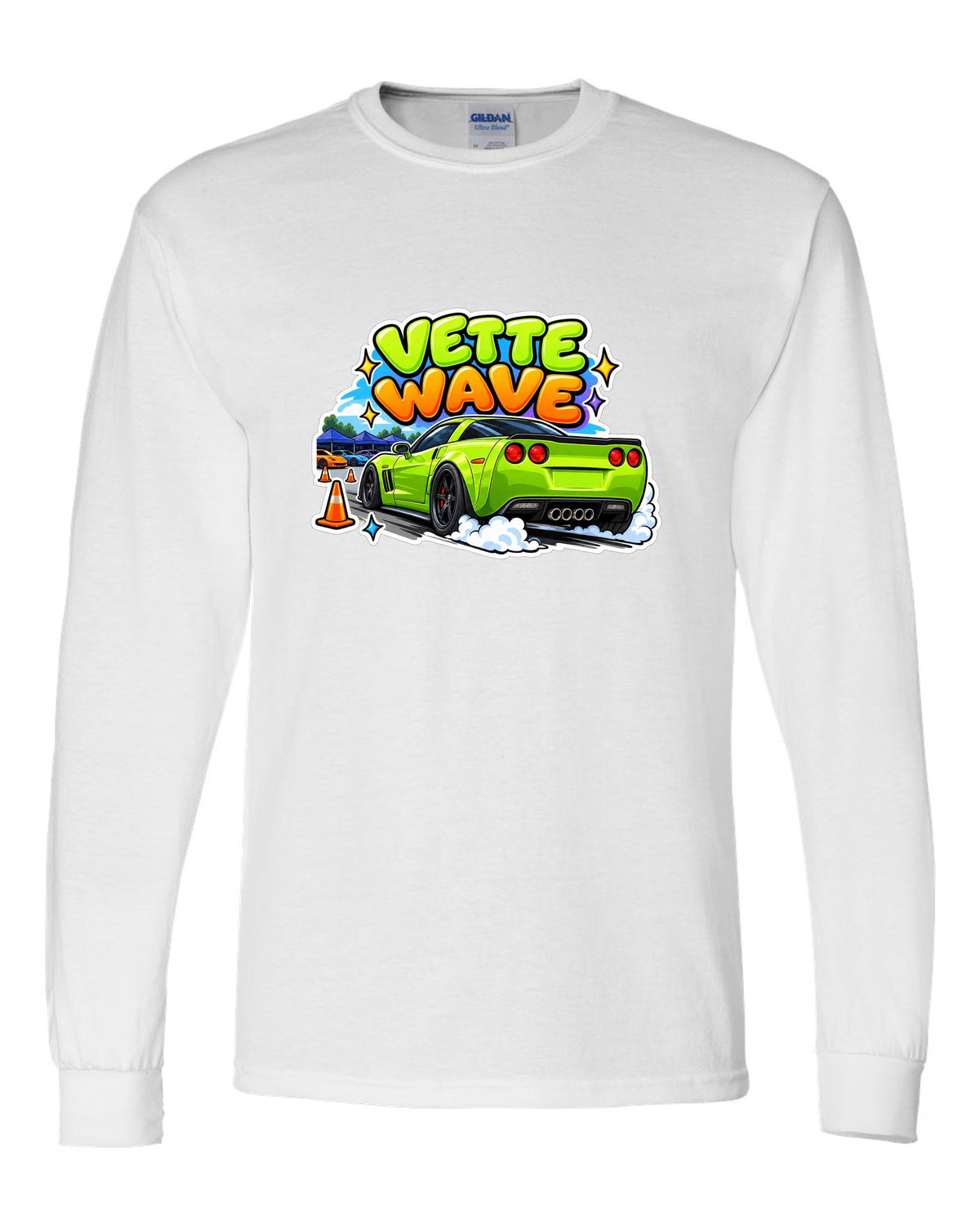 Cartoon sticker sheet print of a 2008 Chevrolet Corvette C6 Z06 with Vette Wave lettering white long sleeve front view with the design