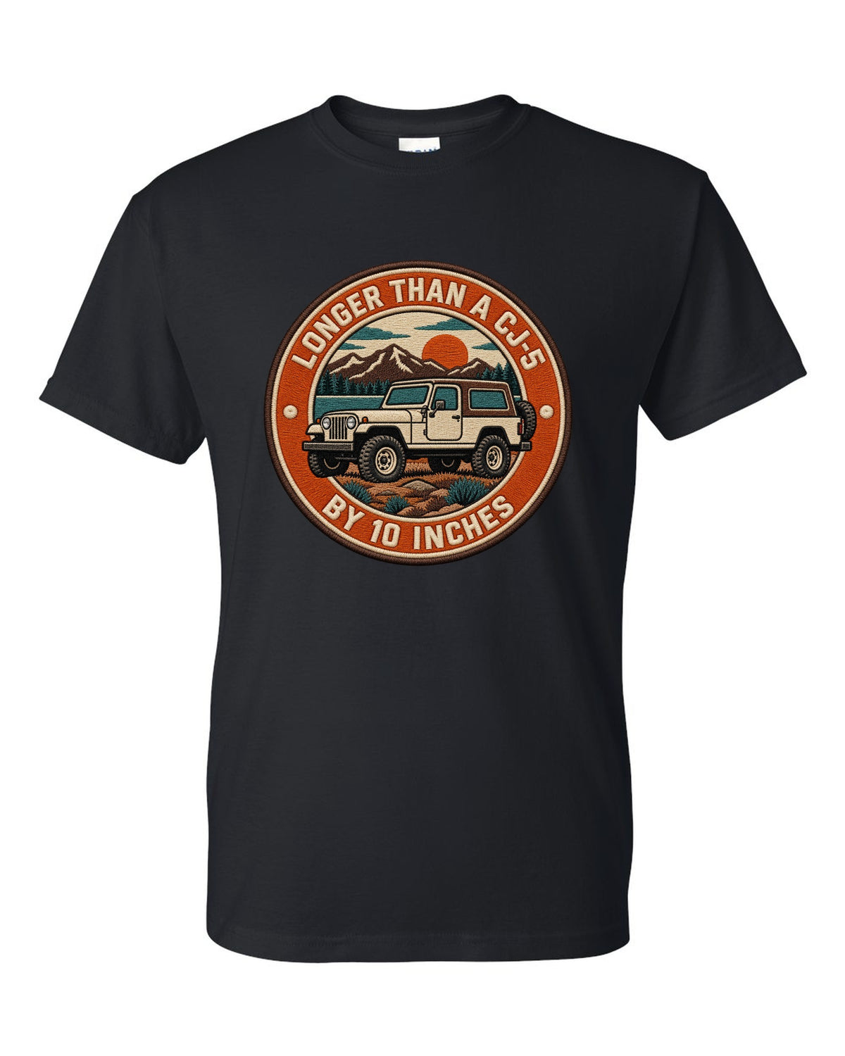 Embroidery-style varsity crest print of a Jeep CJ-7 with wheelbase text black t-shirt front view with the design