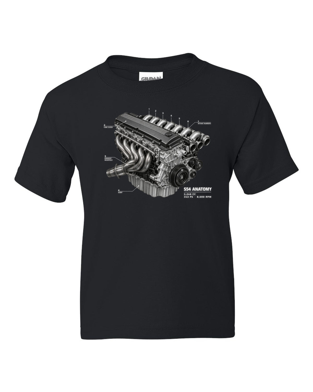 BMW E46 M3 S54 engine anatomy print with 3,246 cc 343 PS and 8,000 rpm text black kids tee front view with the design