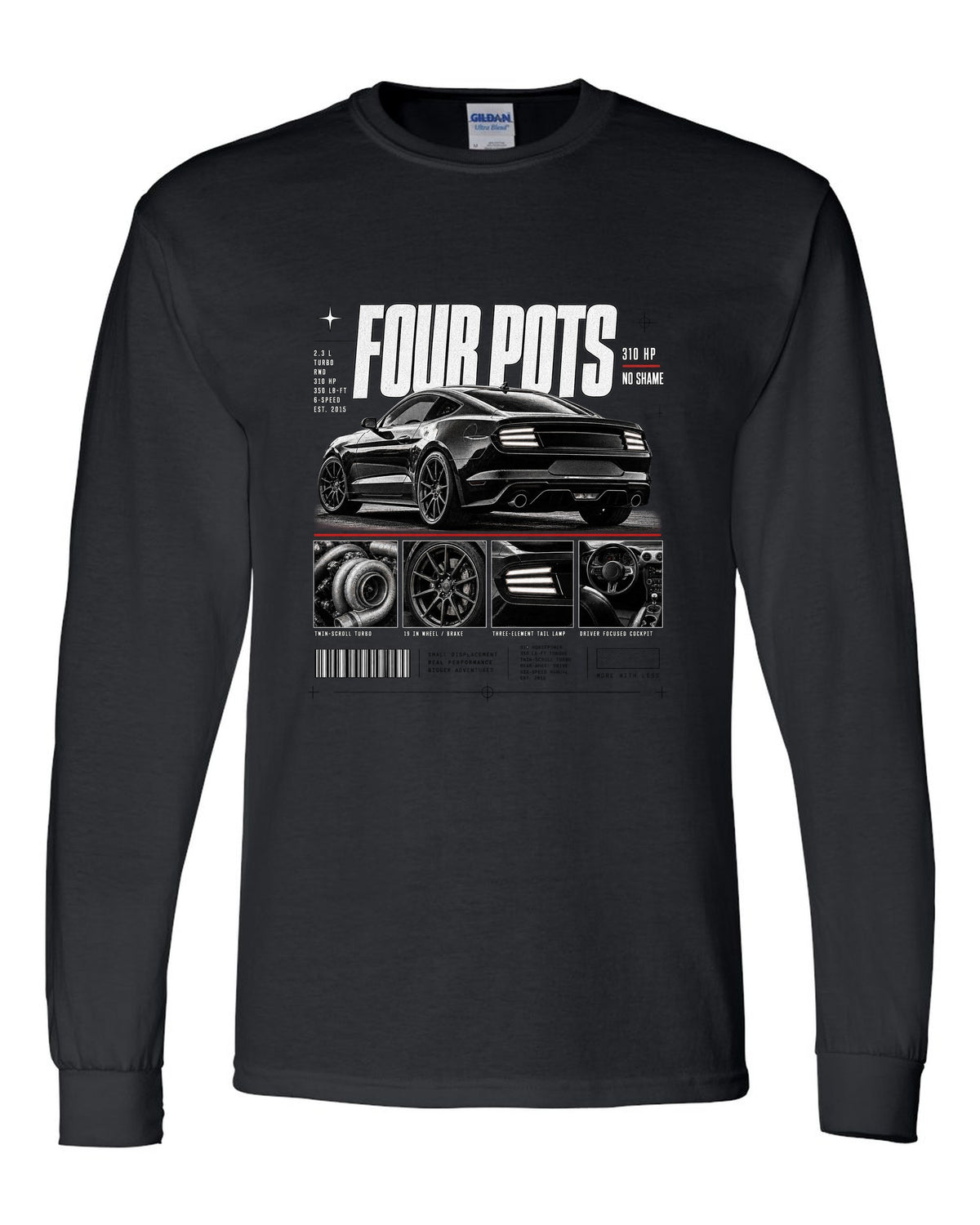 Dossier panel print of a 2015-17 Ford Mustang S550 EcoBoost fastback black long sleeve front view with the design