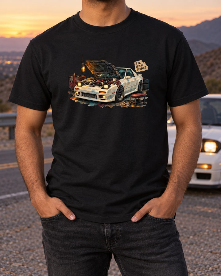 Mazda RX-7 FC3S Turbo II Watercolour Garage Shirt T-Shirt Black worn hero