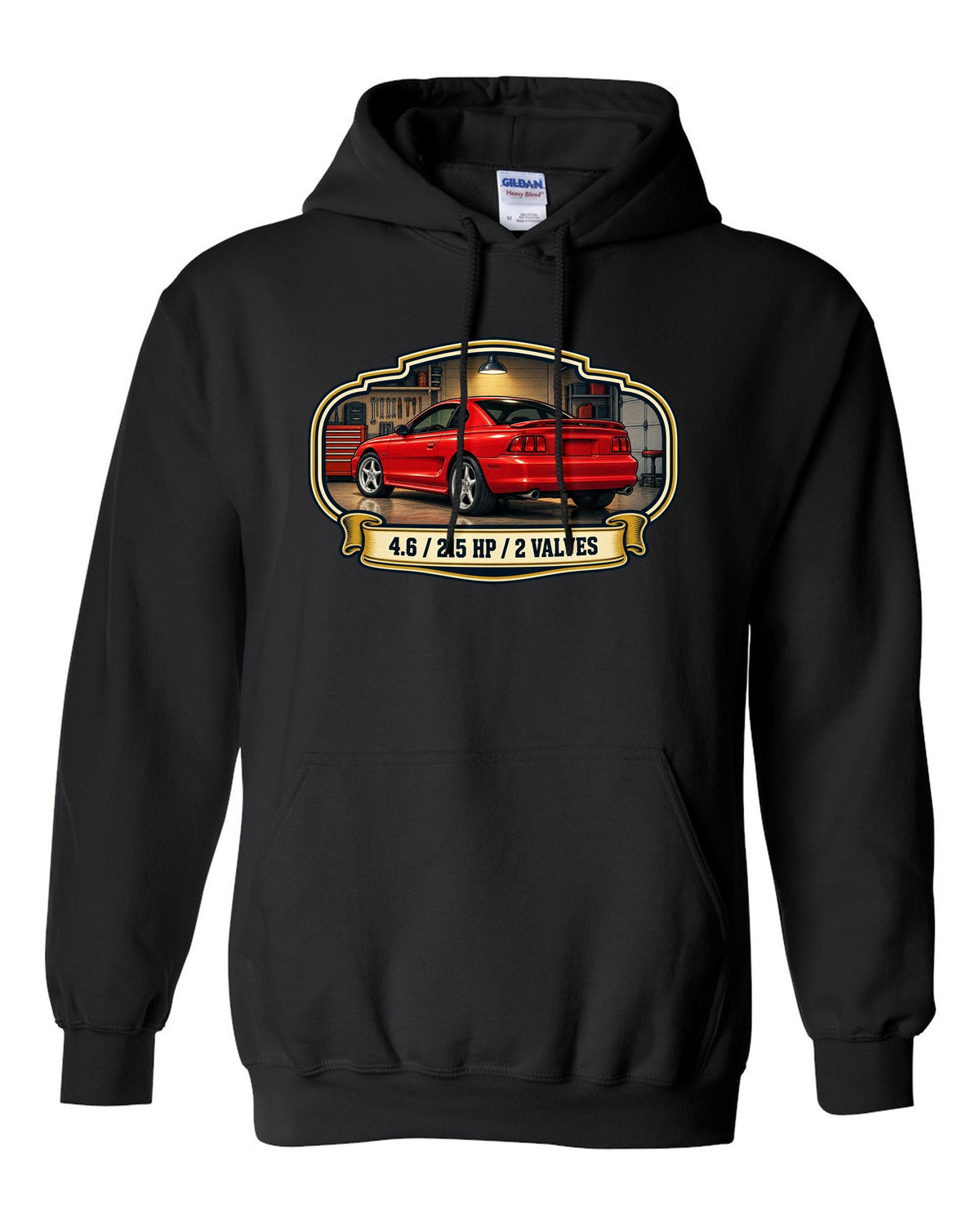 Vintage oil can label design of a 1994-98 SN95 Ford Mustang coupe with 4.6 specs black pull over hoodie front view with the design