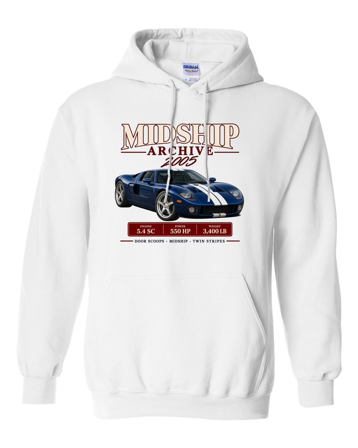 Ford GT 2005-06 midship archive panel print with door scoops, 5.4 SC and 550 HP white pull over hoodie front view with the design