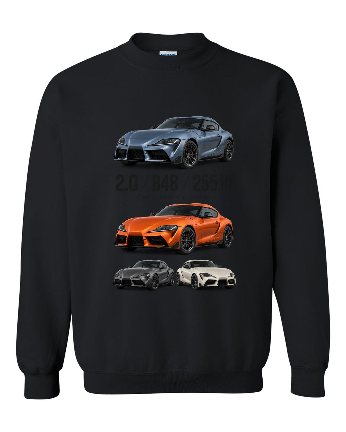 Steel blue Toyota GR Supra 2.0 spec poster with B48 and 255 HP text black crewneck front view with the design