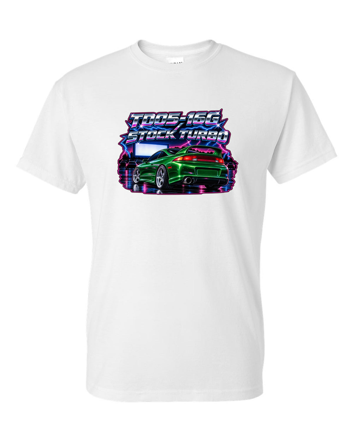 80s airbrush chrome print of a Mitsubishi Eclipse GSX 2G with TD05-16G stock turbo text white t-shirt front view with the design