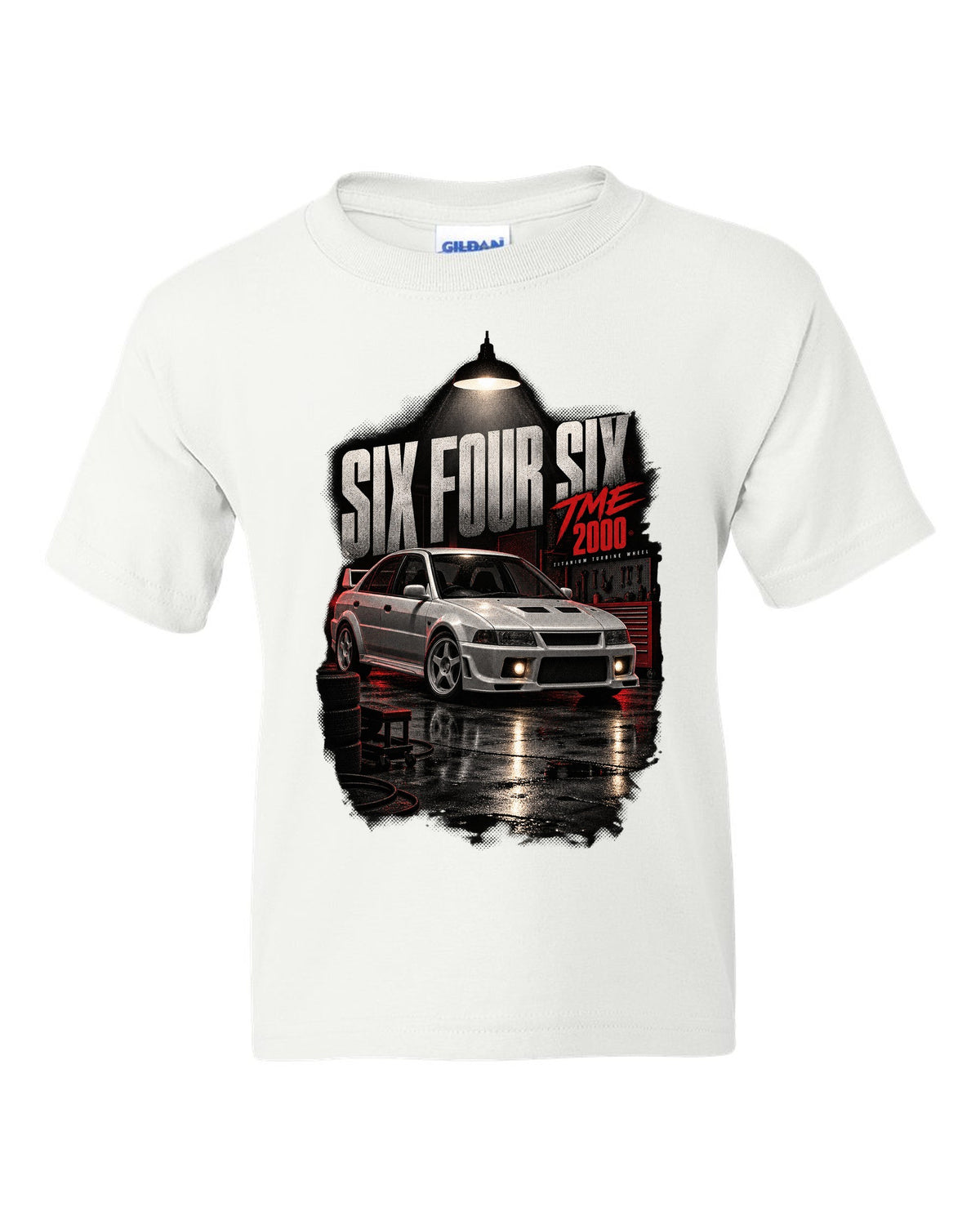 Garage night print for the Mitsubishi Lancer Evolution VI TME CP9A reading Six Four Six, titanium turbine wheel, 2000 white kids tee front view with the design