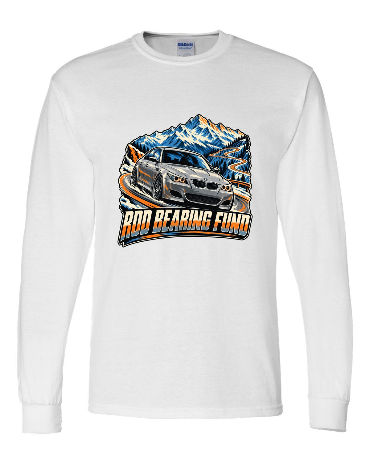 Retro Japanese showa catalogue print of a BMW M5 E28 with S38 3.5 six text white long sleeve front view with the design