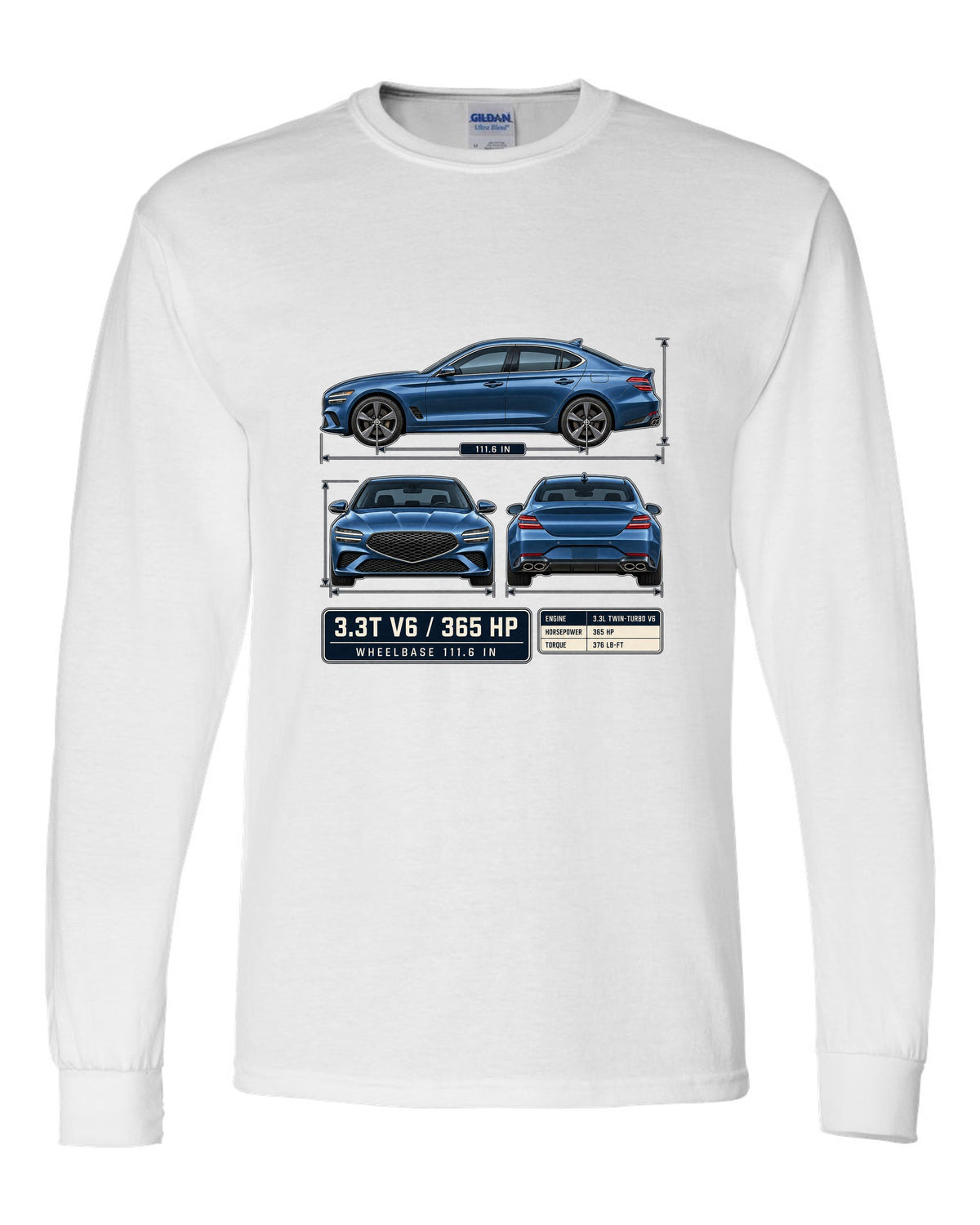 Dimension blueprint print of the Genesis G70 3.3T with V6 and 365 HP callouts white long sleeve front view with the design