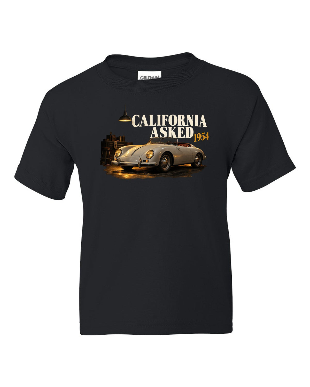 Garage night print of a 1954 Porsche 356 A Speedster with the caption California Asked black kids tee front view with the design