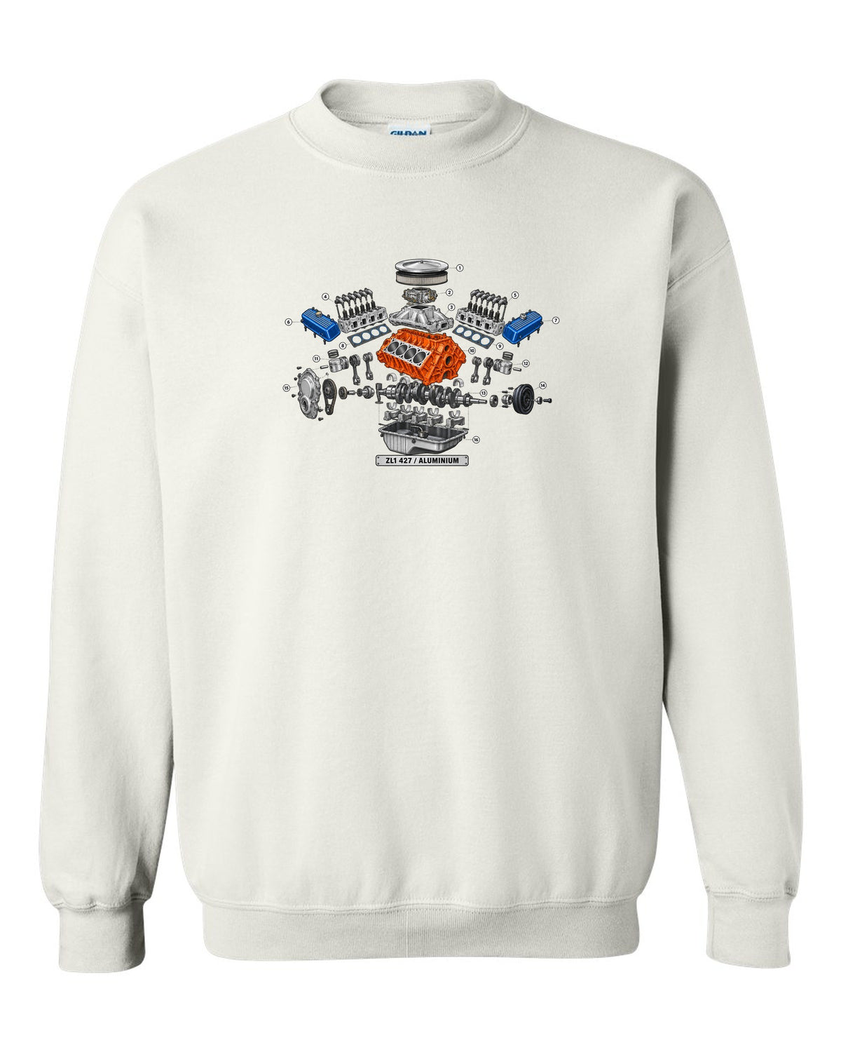 Isometric exploded diagram with numbered callouts of the 1969 Chevrolet Camaro ZL1 427 aluminum engine white crewneck front view with the design