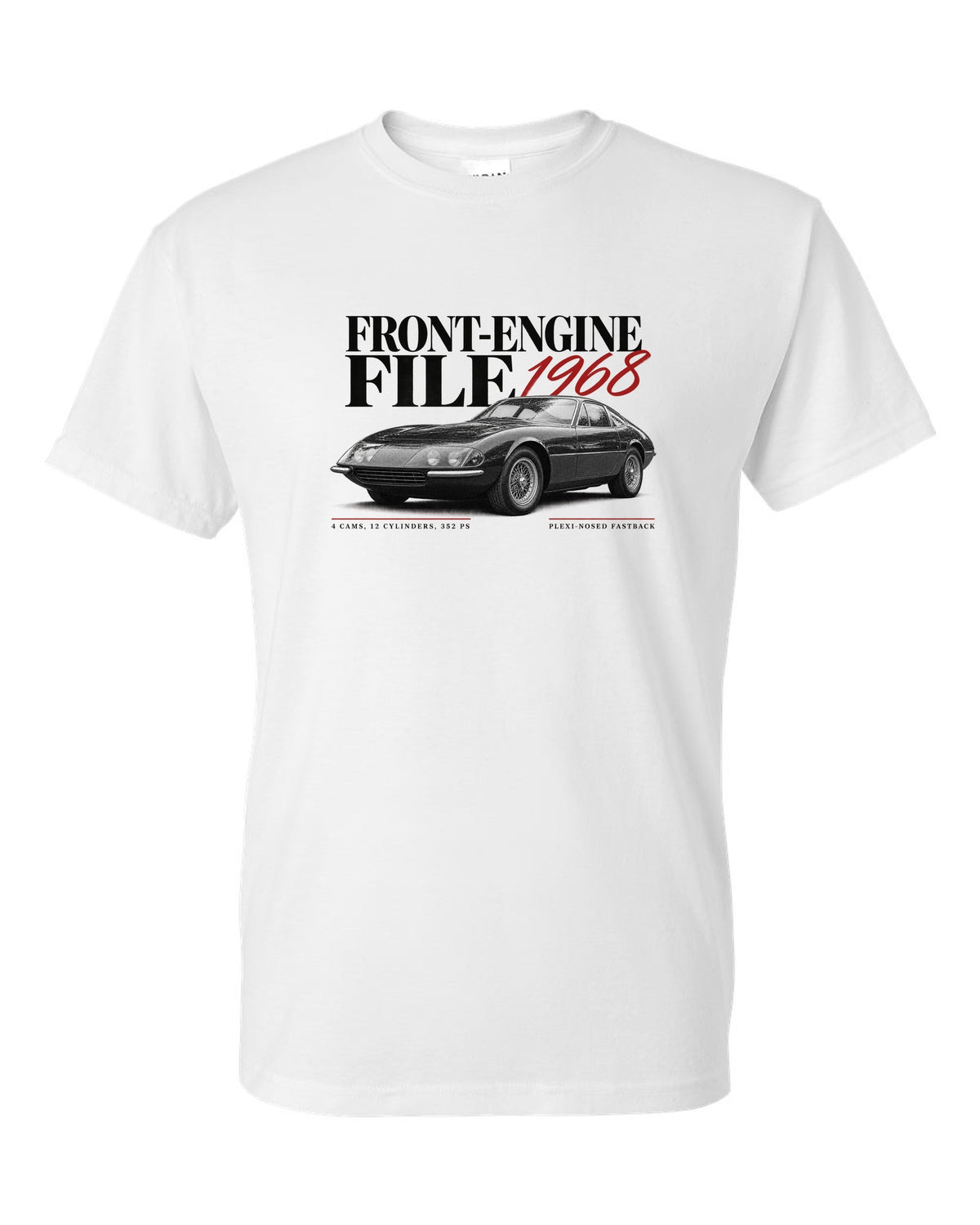 Editorial headline print of a Ferrari 365 GTB/4 Daytona with Front-Engine File 1968 and 352 PS text white t-shirt front view with the design