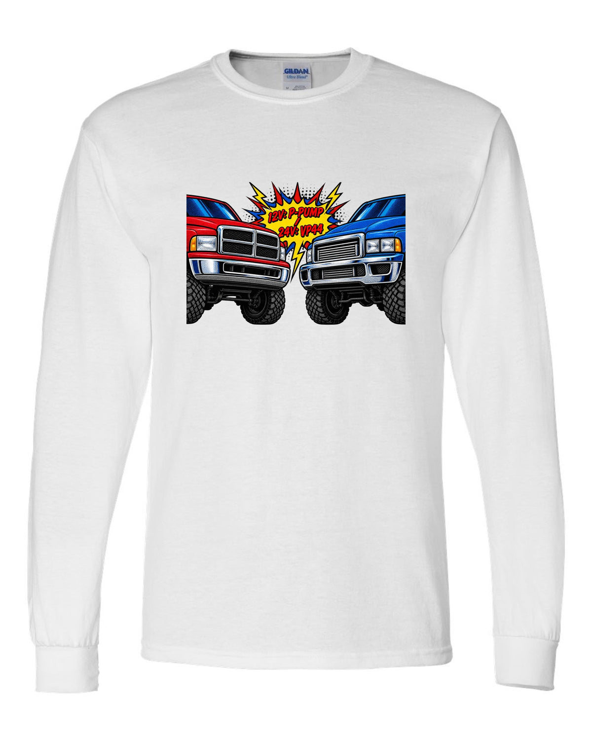 Comic halftone print comparing the 12V P-pump and 24V VP44 Cummins in a Ram 2500 white long sleeve front view with the design