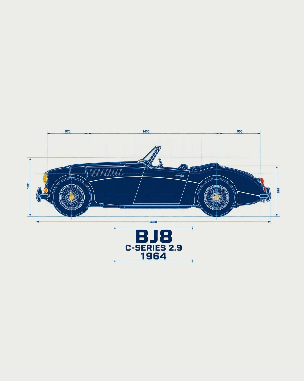 Austin-Healey 3000 Mk III BJ8 Blueprint Tee, Big Healey design only
