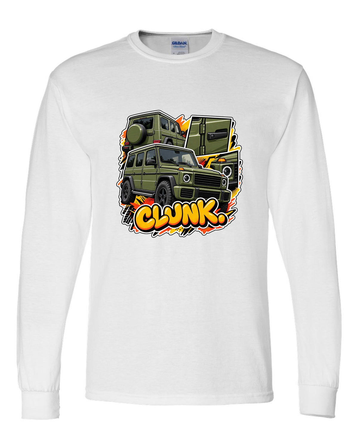 Stencil spray street art graphic of a Mercedes G63 W464 with round headlights, print white long sleeve front view with the design