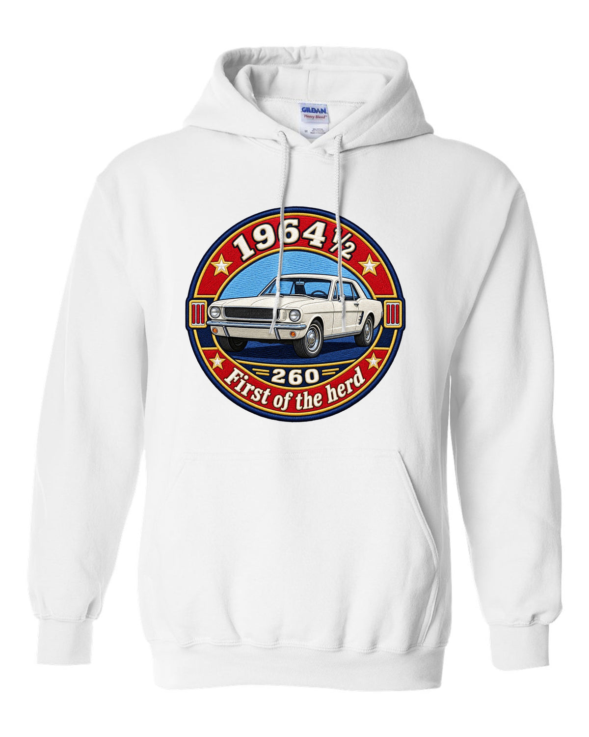 Varsity crest design of a 1964½ Ford Mustang coupe with 260 lettering white pull over hoodie front view with the design